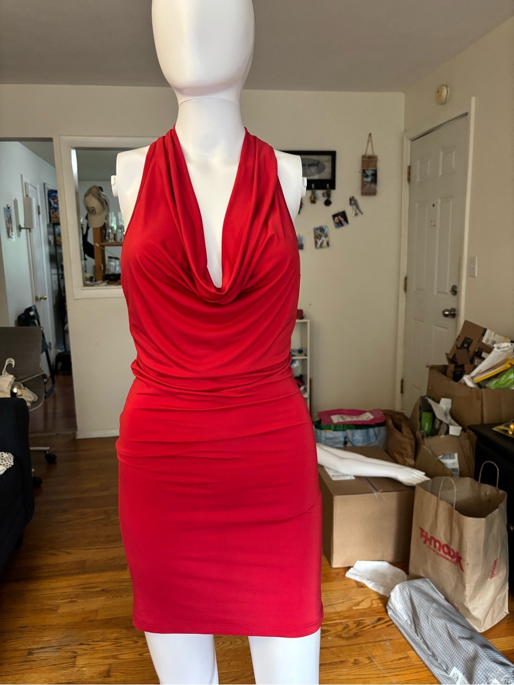 Red Halter Ruched Bodycon Dress Open Back Rhinestone Strap Size S stretchy